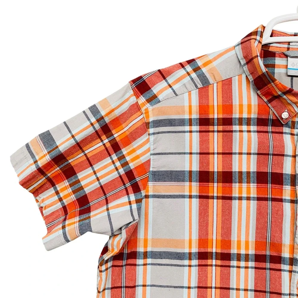 Columbia‎ Mens XL Regular Fit Short Sleeve Plaid Button Down Shirt Orange Grey